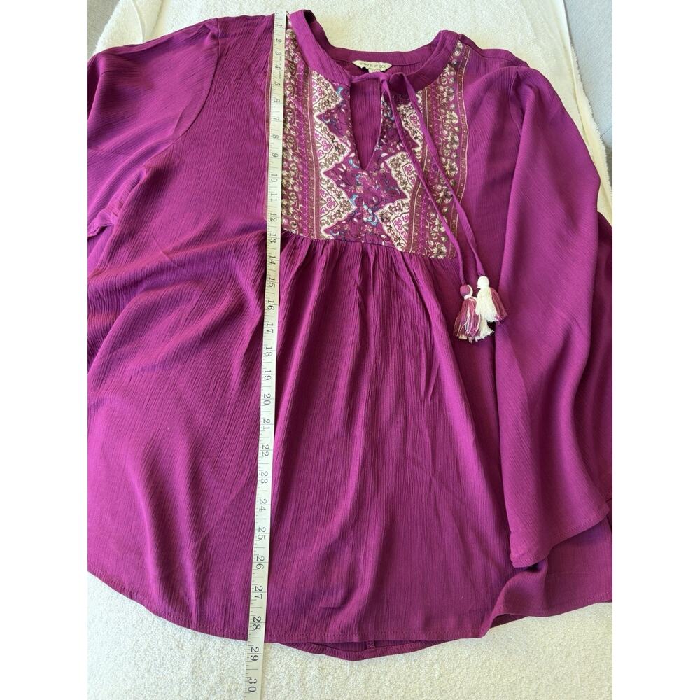 Frye And Co Top 3/4 Bell Sleeve Split Tie Neck Yoke Detail Burgundy Boho Sz-XXL - Picture 6 of 10